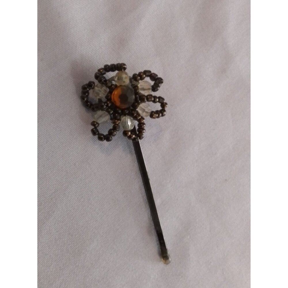 Vintage Beaded Flower Hair Bobby Pin With Crystal Rhinestone & Amber Accents
